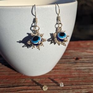 Blue Evil Eye Silver Dangle Earrings Handmade Protection